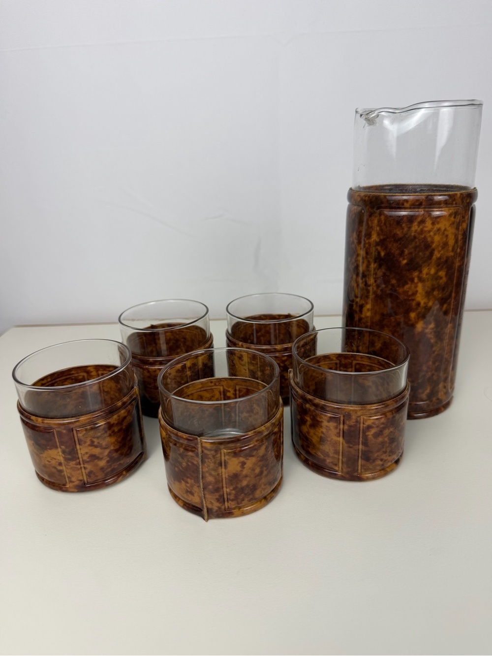1960s Vintage Faux Tortoiseshell Glass Pitcher 5 Tumblers MCM Barware Set